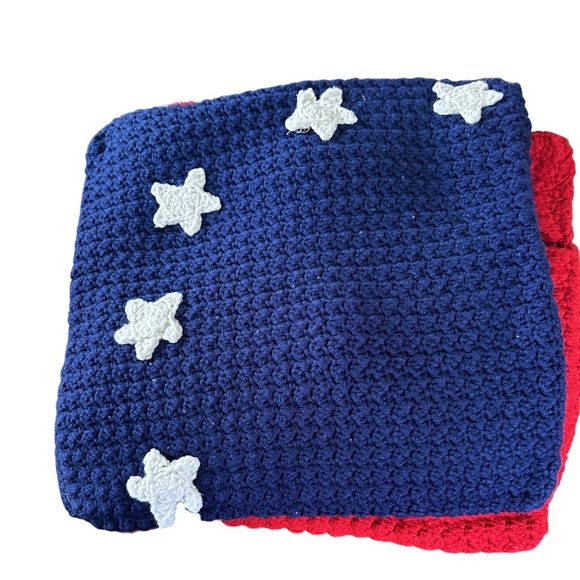 Hand Crafted Patriotic Knit Throw Pillow Cover 18 x 18 Crochet Blue White Stars - Picture 3 of 9